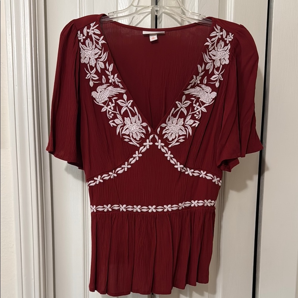Knox Rose Red Pleated Embellished Blouse Short Sleeve